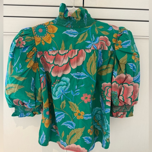 Love The Label Zuri Green Floral Smocked Ruffle Button Down Top Women's Size M - Picture 4 of 8